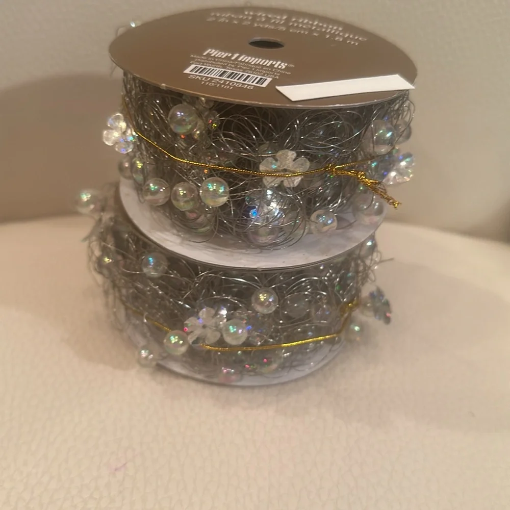 Pier 1 (The original store) 2 Rolls Wired Ribbon w/ Baubles & Sparkly Beads NWT